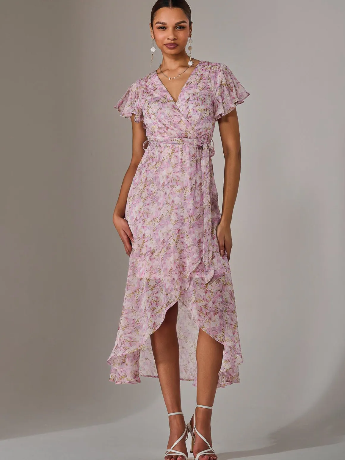Chiffon Wrap Midi Dress, Pink Floral
