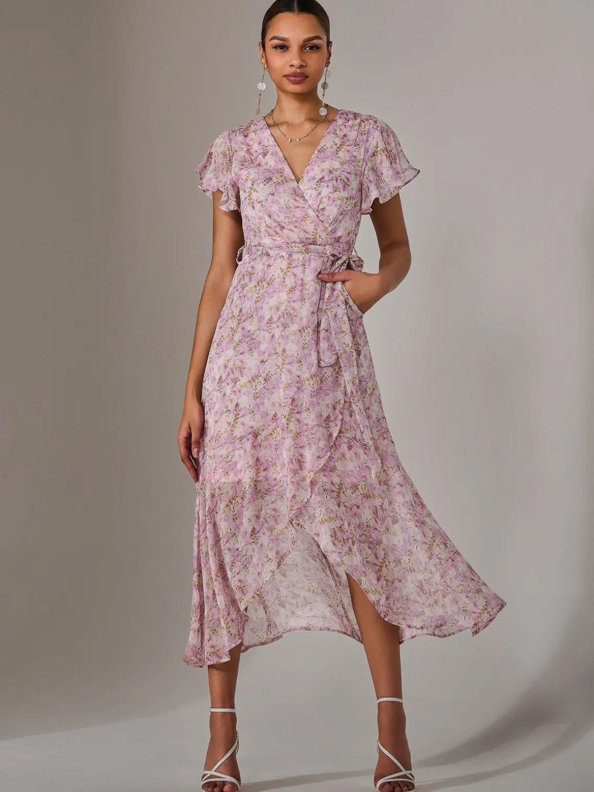 Chiffon Wrap Midi Dress, Pink Floral
