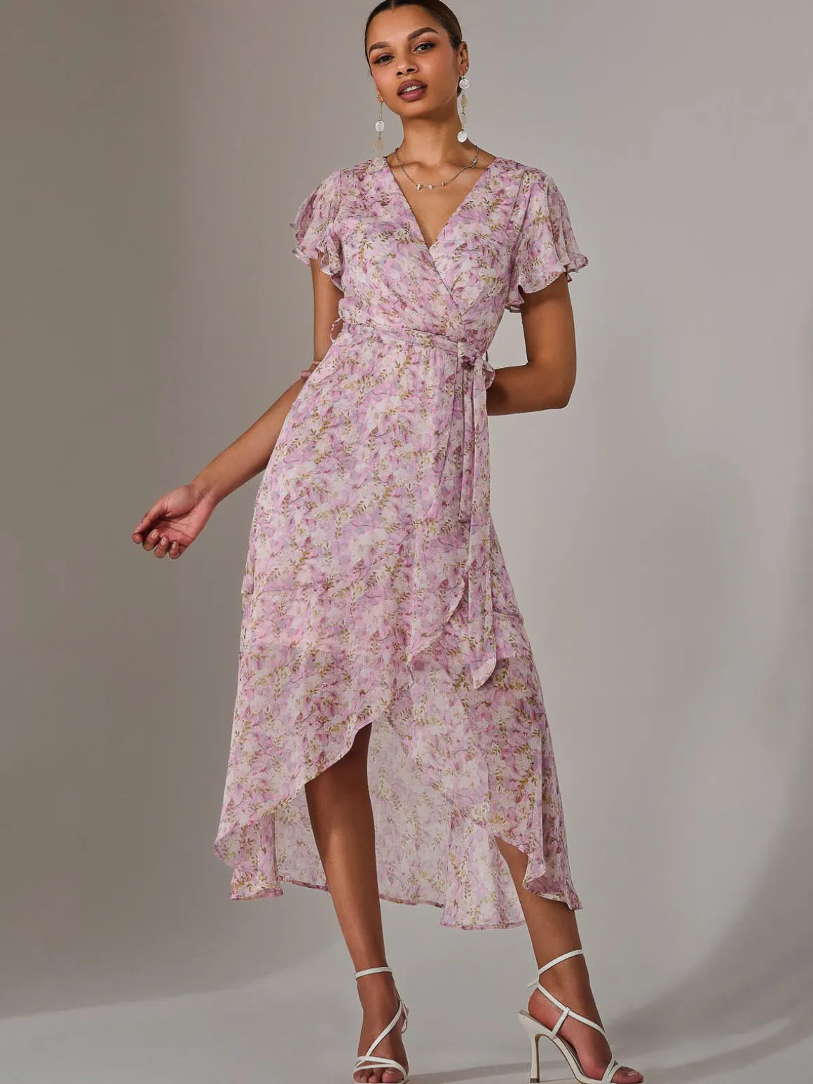 Chiffon Wrap Midi Dress, Pink Floral