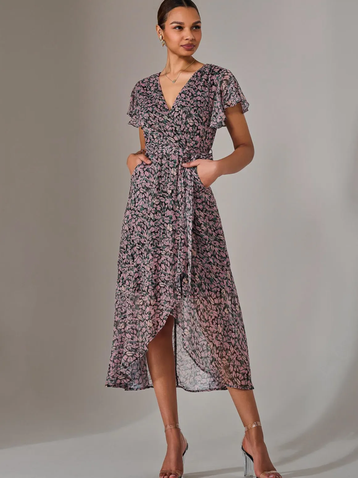 Chiffon Wrap Midi Dress, Pink Pattern