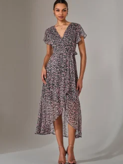 Chiffon Wrap Midi Dress, Pink Pattern