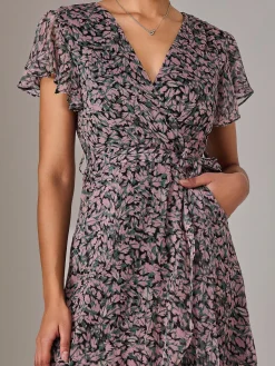 Chiffon Wrap Midi Dress, Pink Pattern