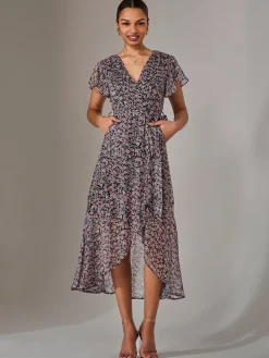 Chiffon Wrap Midi Dress, Pink Pattern