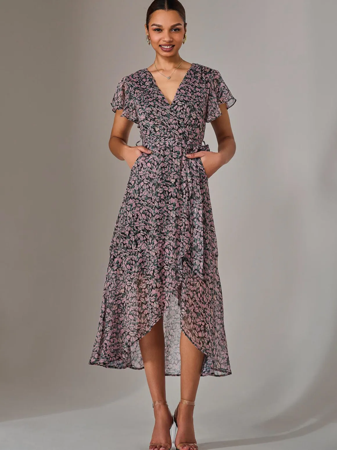 Chiffon Wrap Midi Dress, Pink Pattern
