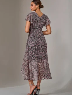 Chiffon Wrap Midi Dress, Pink Pattern