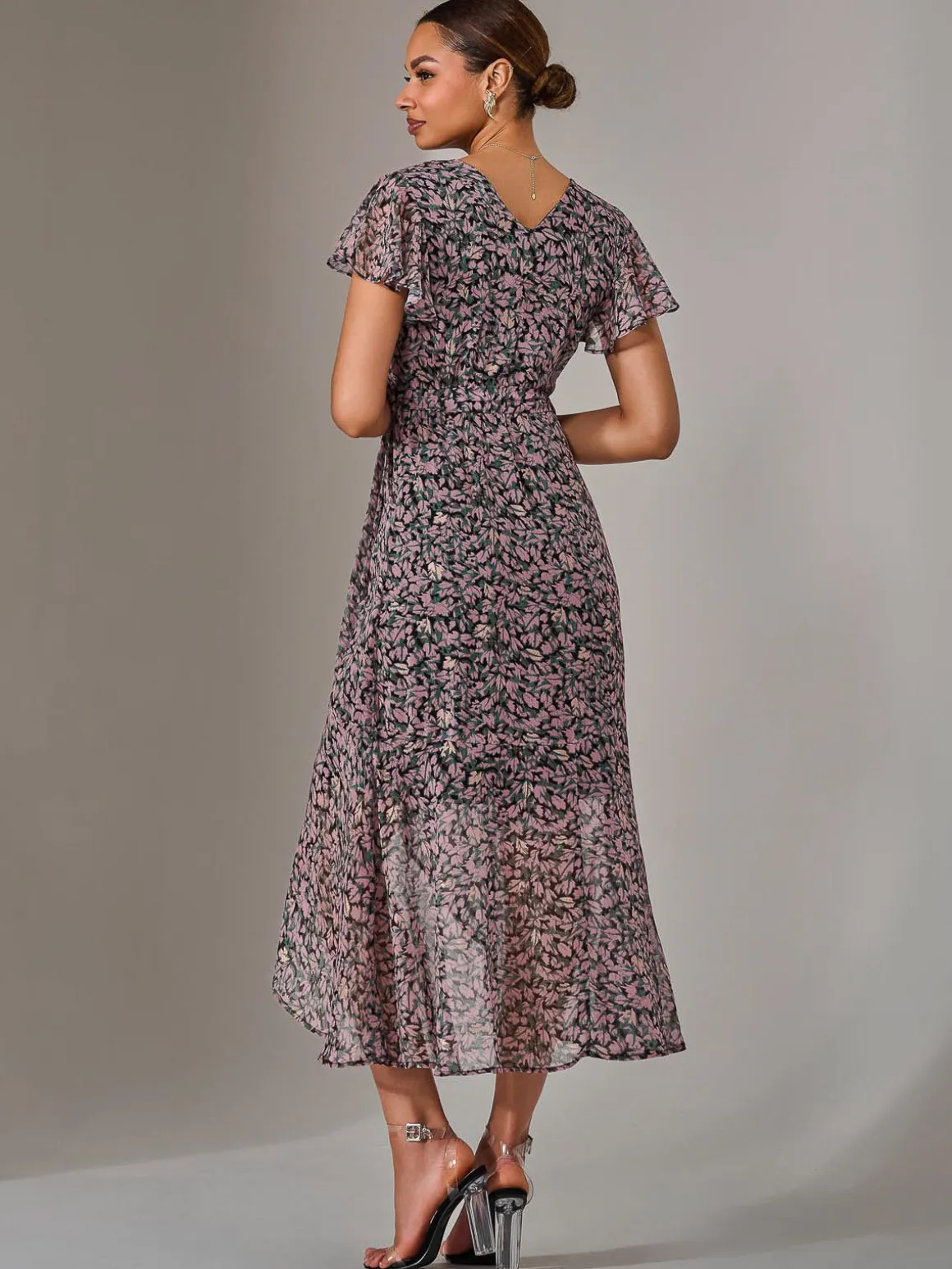 Chiffon Wrap Midi Dress, Pink Pattern