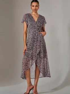 Chiffon Wrap Midi Dress, Pink Pattern