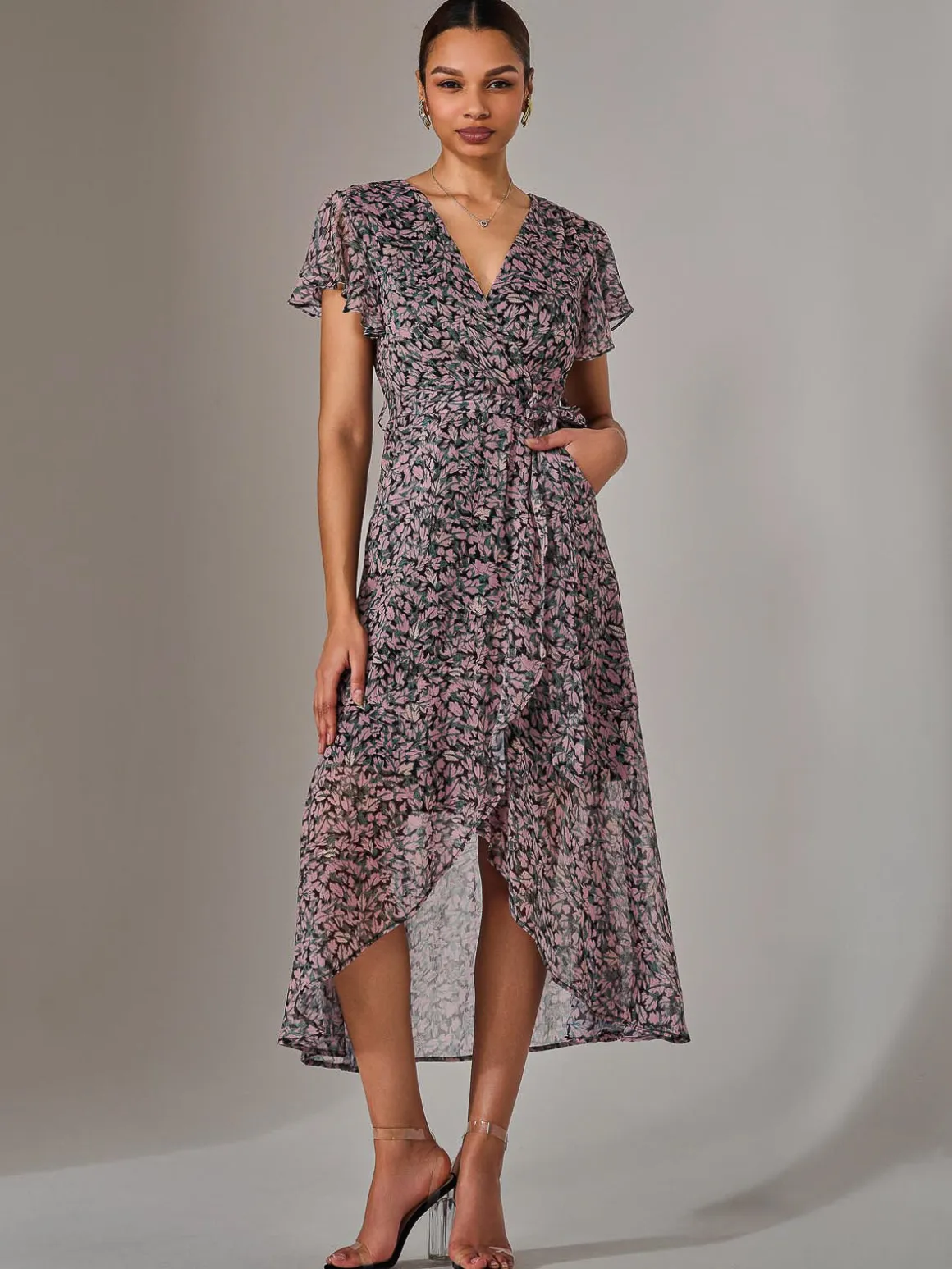 Chiffon Wrap Midi Dress, Pink Pattern