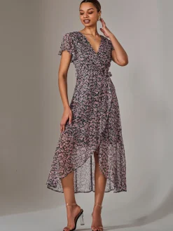 Chiffon Wrap Midi Dress, Pink Pattern