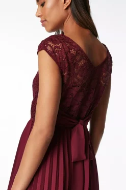 Cindy Lace Bodice Pleated Dress, Burgundy