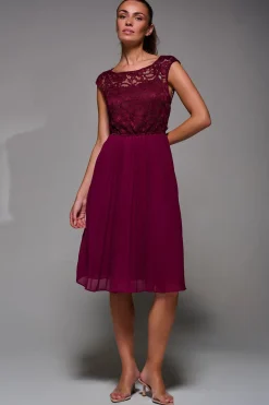 Cindy Lace Bodice Pleated Dress, Burgundy