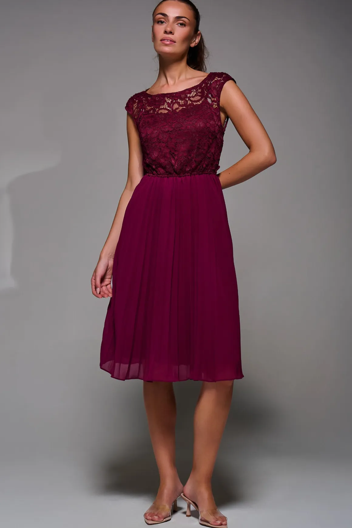 Cindy Lace Bodice Pleated Dress, Burgundy