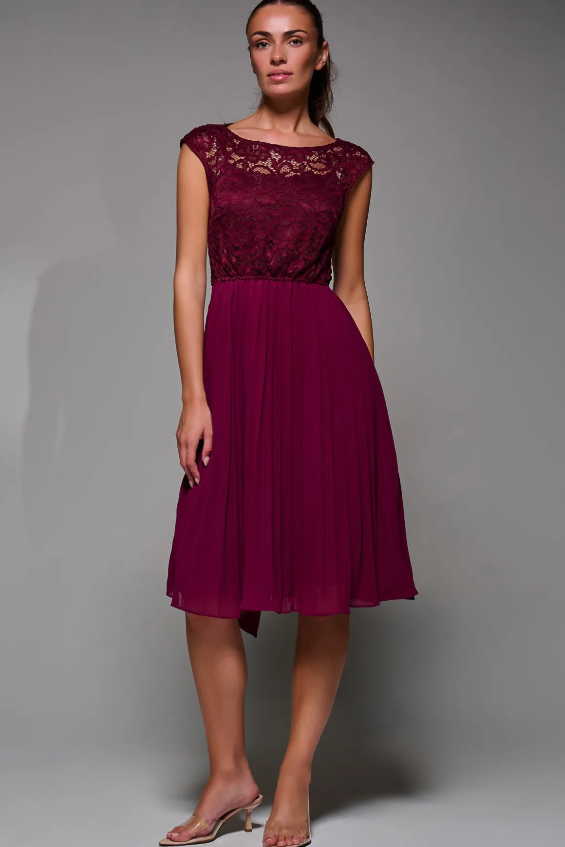 Cindy Lace Bodice Pleated Dress, Burgundy
