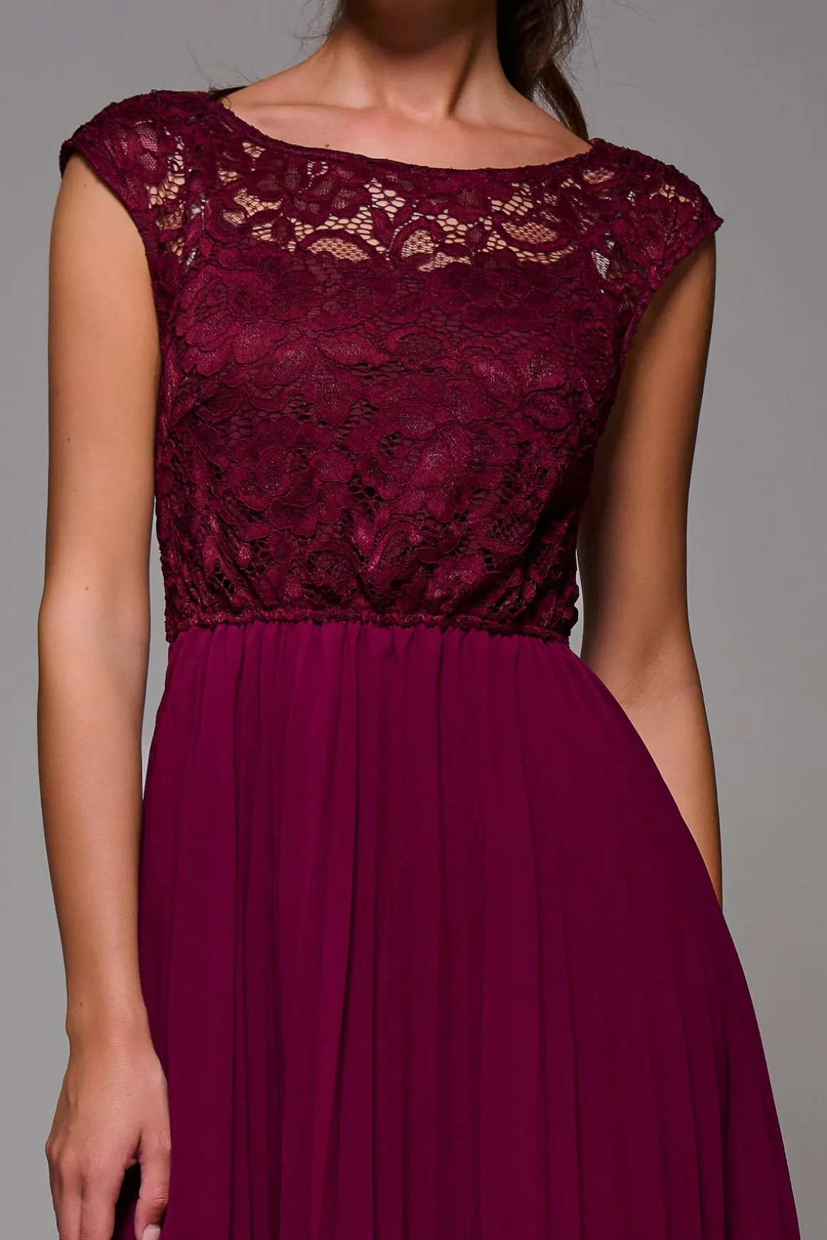 Cindy Lace Bodice Pleated Dress, Burgundy