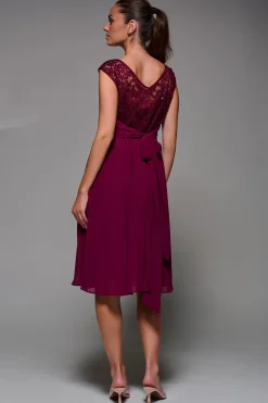 Cindy Lace Bodice Pleated Dress, Burgundy