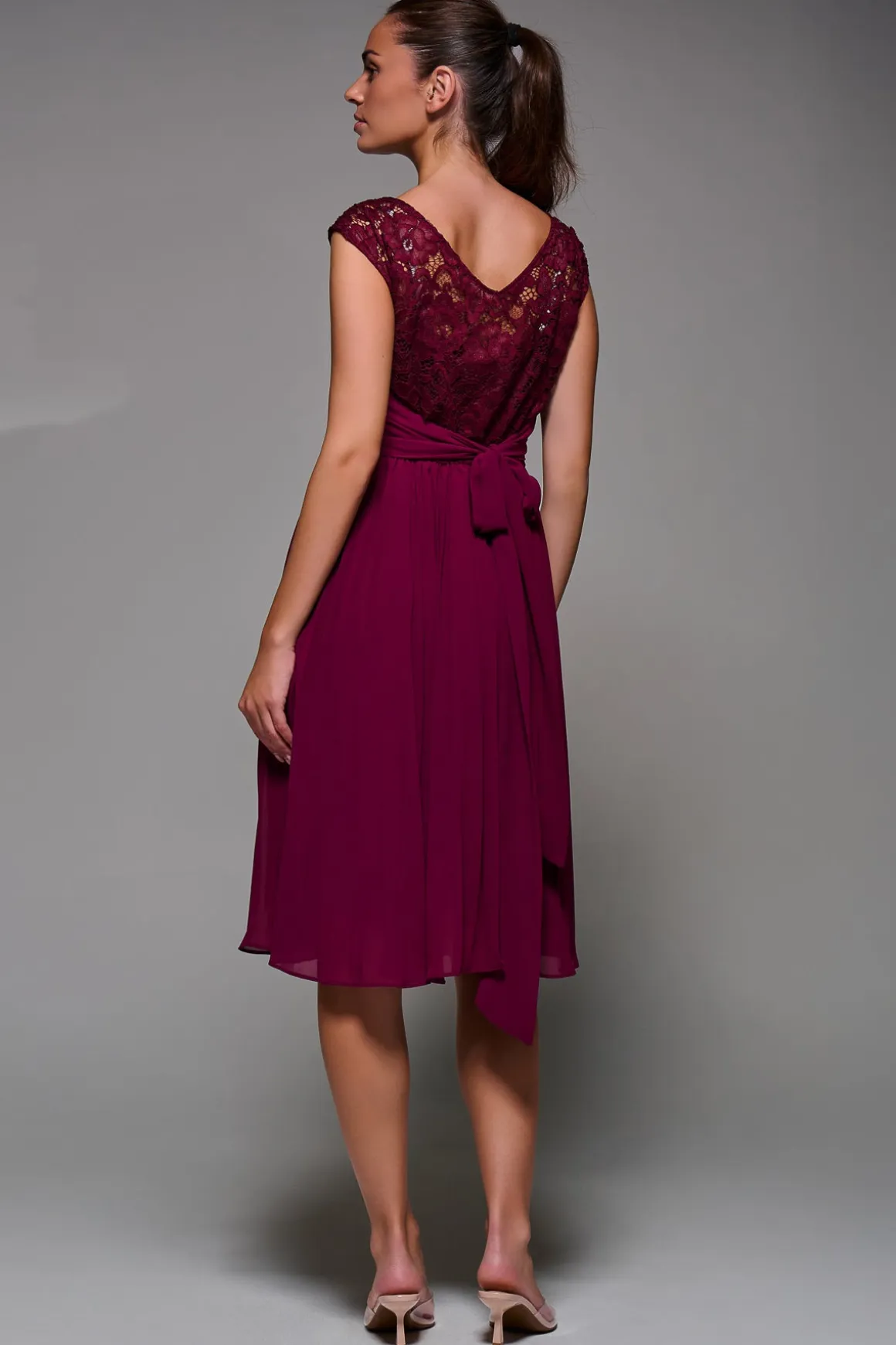 Cindy Lace Bodice Pleated Dress, Burgundy