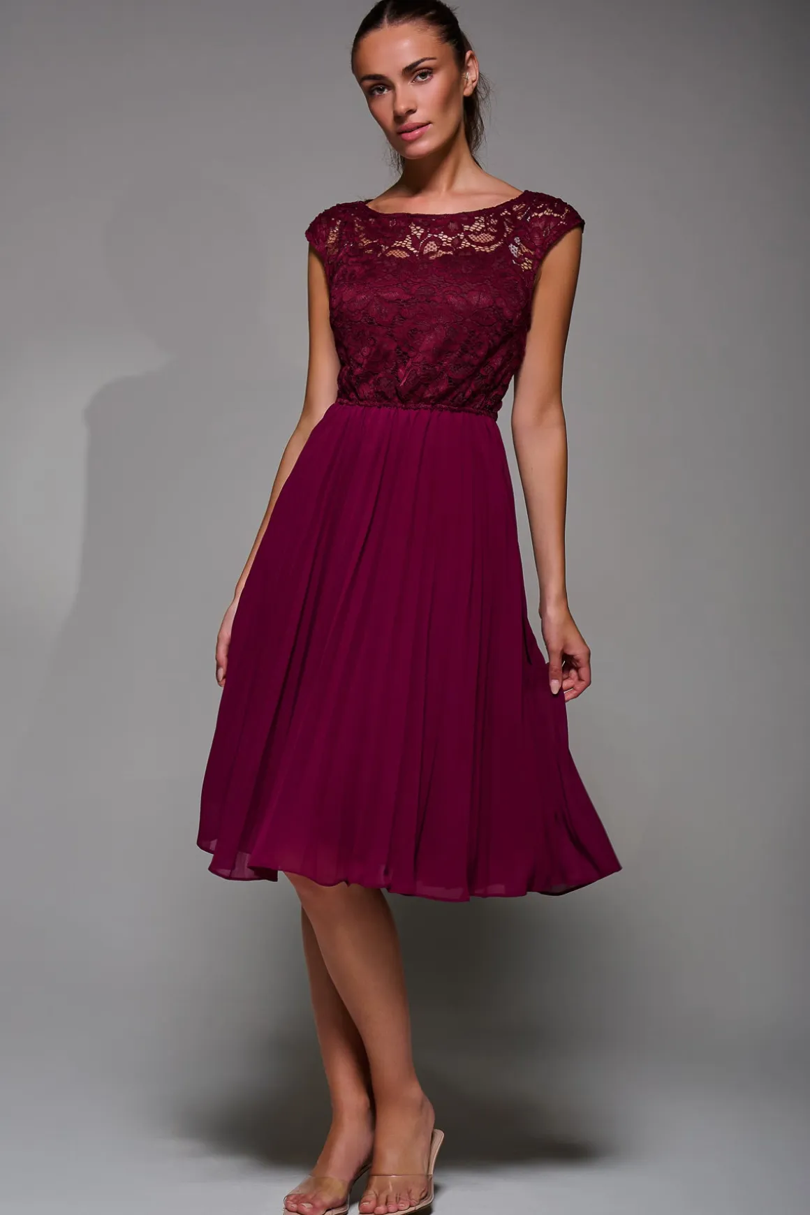 Cindy Lace Bodice Pleated Dress, Burgundy