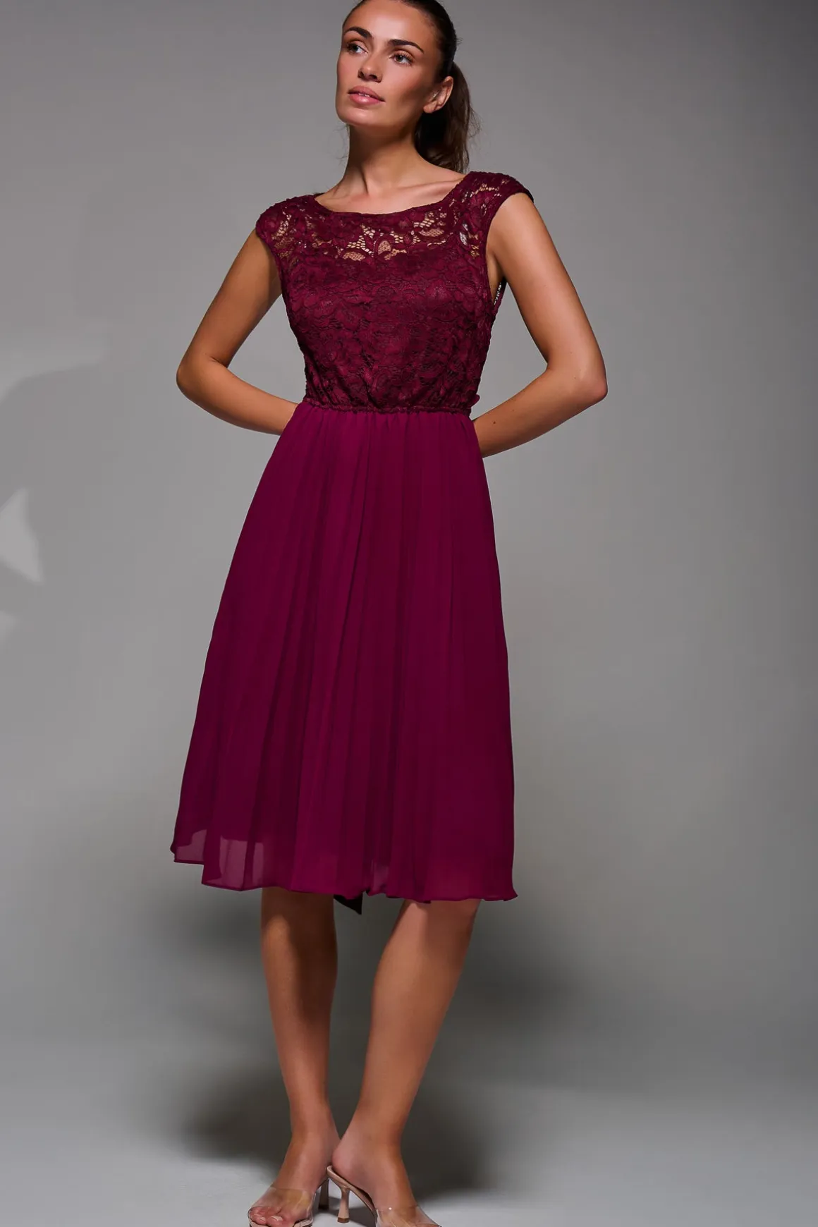 Cindy Lace Bodice Pleated Dress, Burgundy