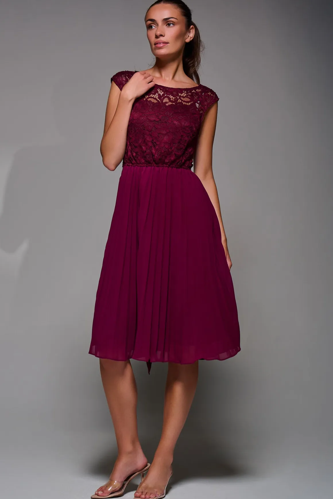 Cindy Lace Bodice Pleated Dress, Burgundy