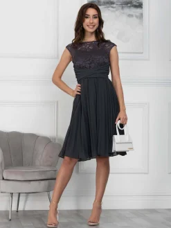 Cindy Lace Bodice Pleated Dress, Dark Grey