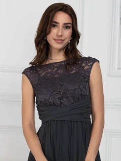 Cindy Lace Bodice Pleated Dress, Dark Grey