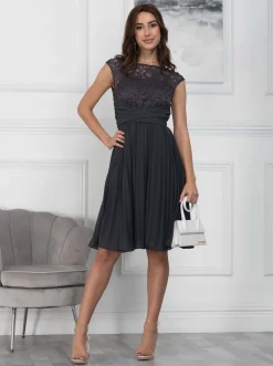 Cindy Lace Bodice Pleated Dress, Dark Grey