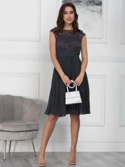 Cindy Lace Bodice Pleated Dress, Dark Grey