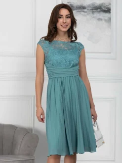 Cindy Lace Bodice Pleated Dress, Duck Egg Blue