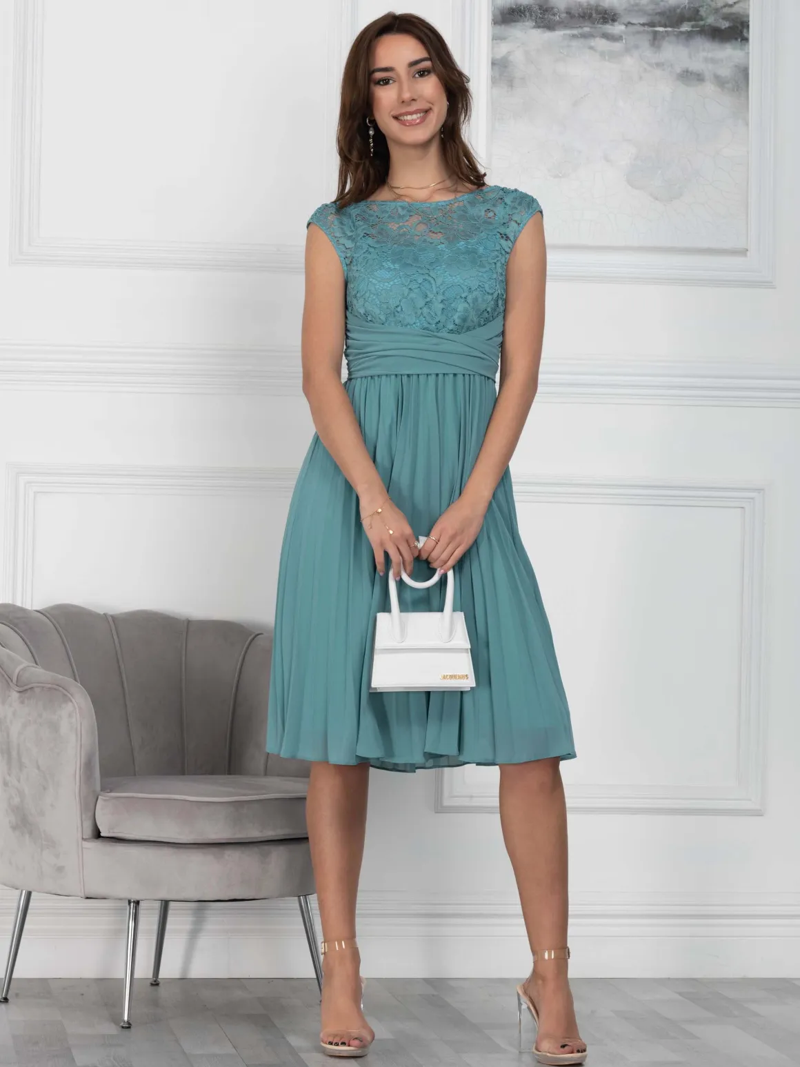 Cindy Lace Bodice Pleated Dress, Duck Egg Blue