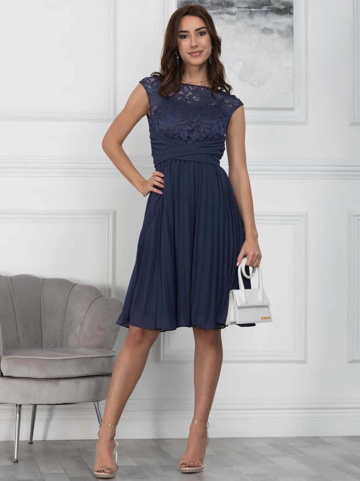 Cindy Lace Bodice Pleated Dress, Navy