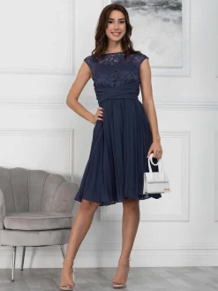 Cindy Lace Bodice Pleated Dress, Navy