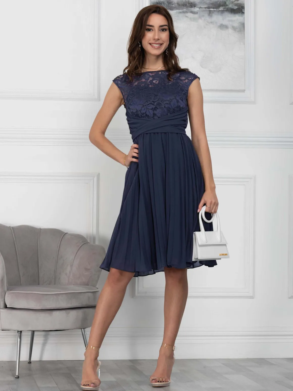 Cindy Lace Bodice Pleated Dress, Navy