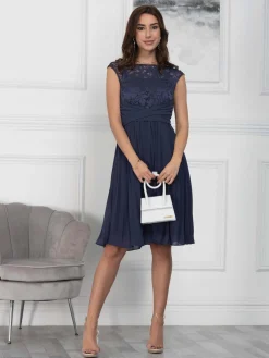 Cindy Lace Bodice Pleated Dress, Navy