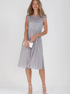 Cindy Lace Bodice Pleated Dress, Silver Grey