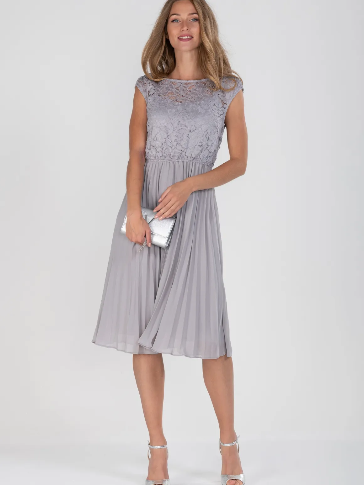 Cindy Lace Bodice Pleated Dress, Silver Grey