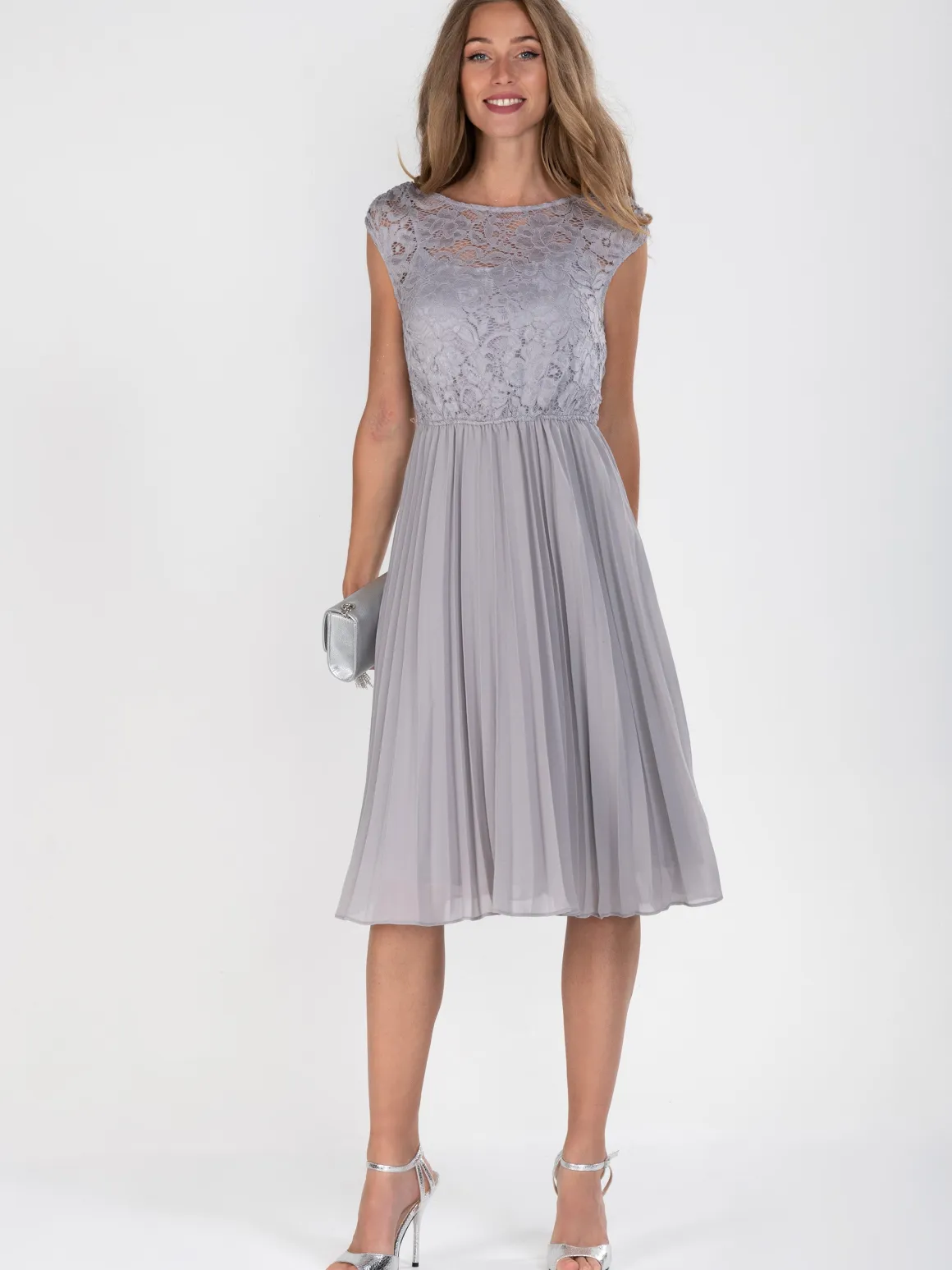 Cindy Lace Bodice Pleated Dress, Silver Grey