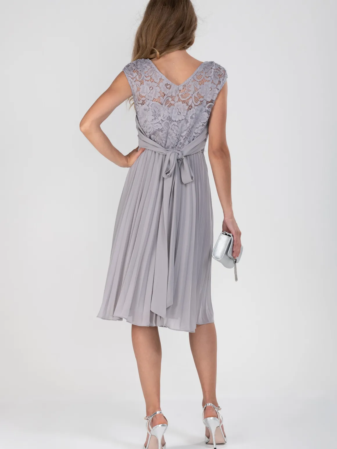 Cindy Lace Bodice Pleated Dress, Silver Grey
