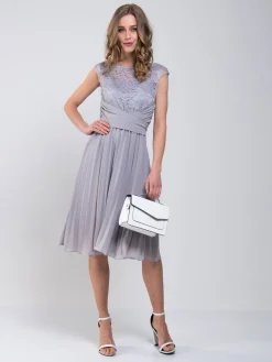 Cindy Lace Bodice Pleated Dress, Silver Grey