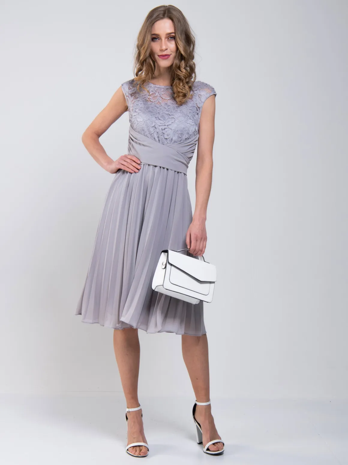 Cindy Lace Bodice Pleated Dress, Silver Grey