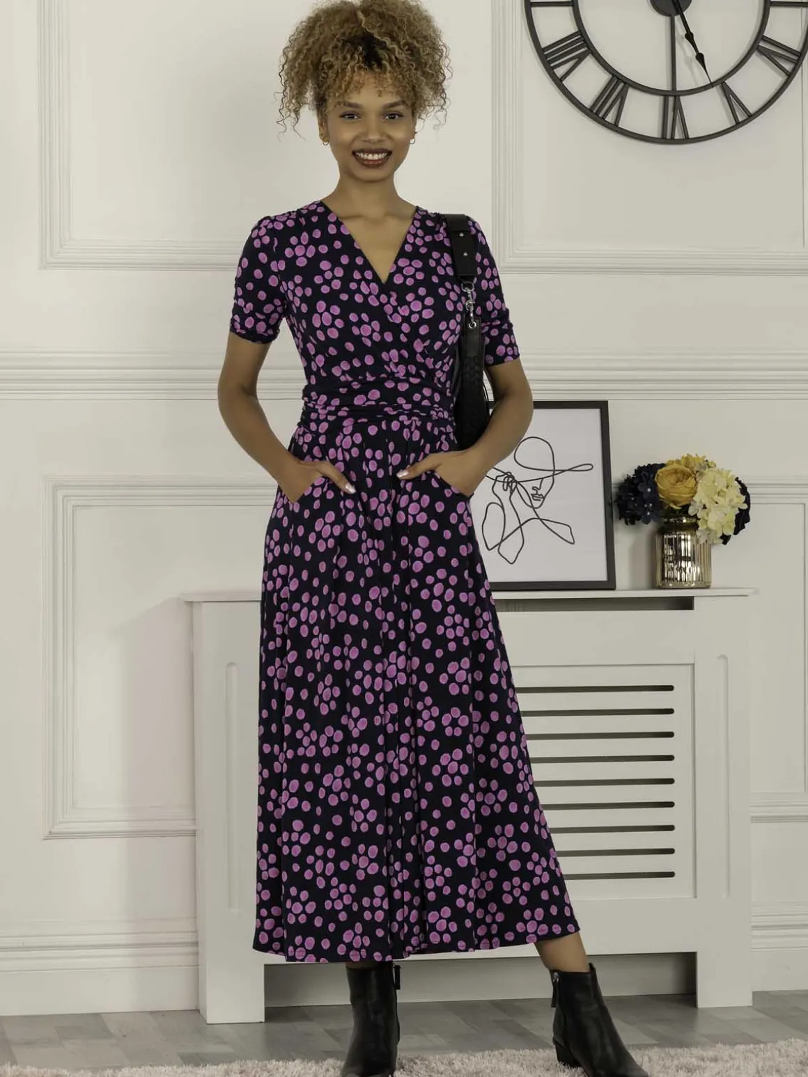 Coleen Wrap Maxi Dress, Navy Spot