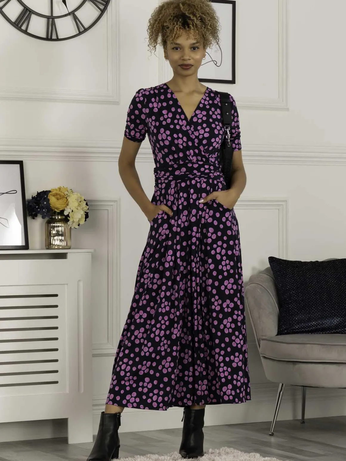 Coleen Wrap Maxi Dress, Navy Spot