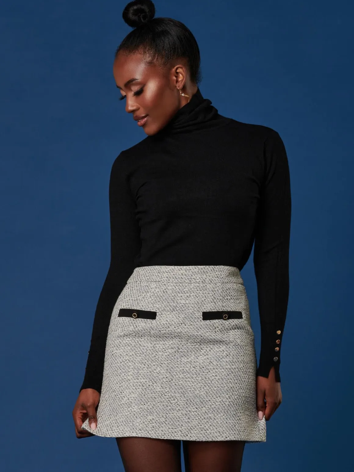 Contrast A-line Tweed Skirt, Monochrome