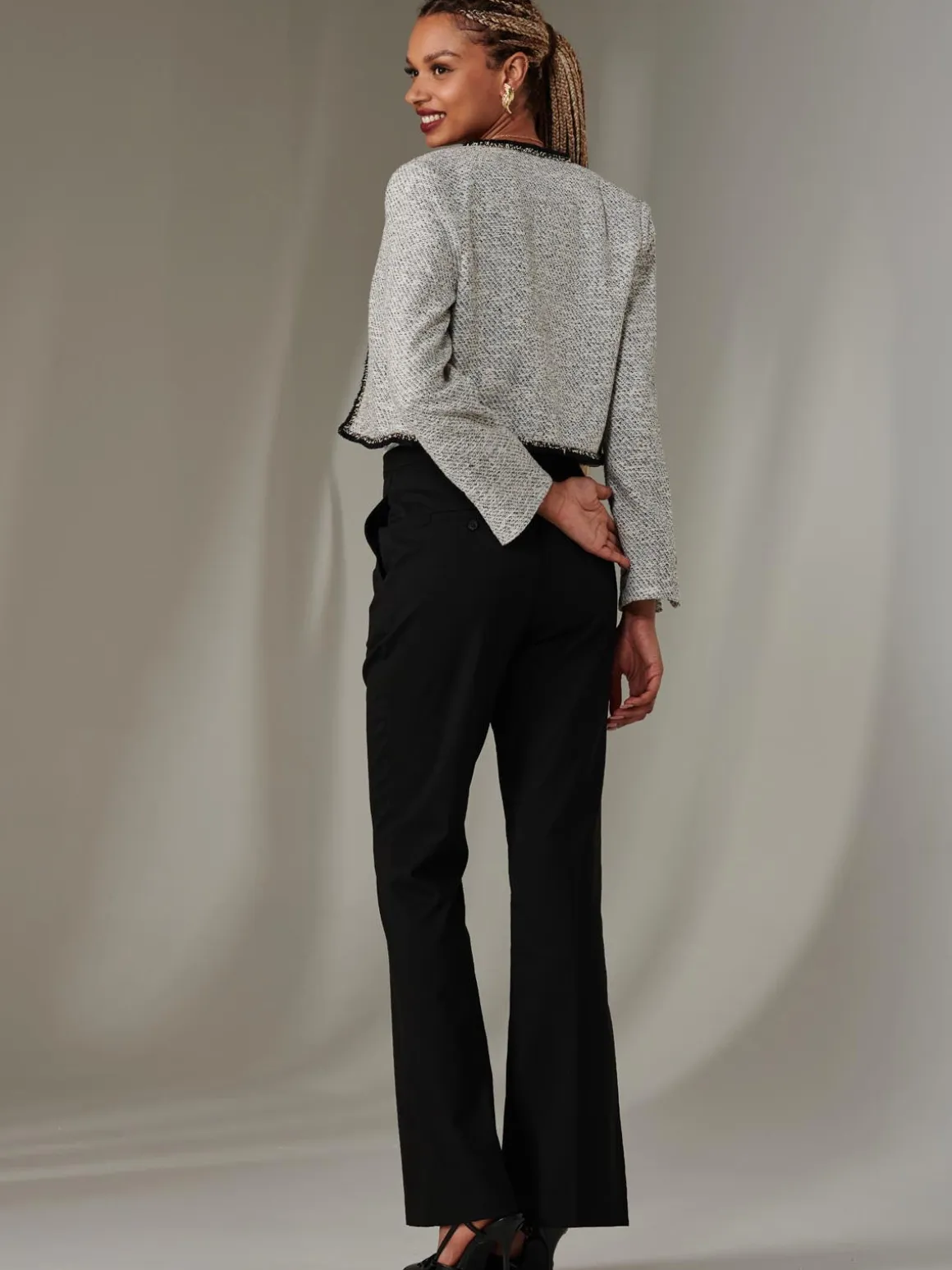 Contrast Trim Tweed Jacket, Monochrome