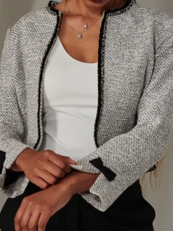 Contrast Trim Tweed Jacket, Monochrome