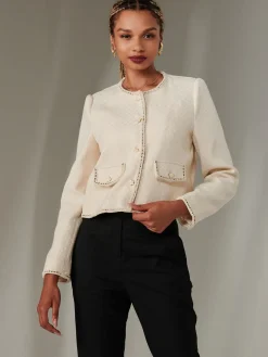 Contrast Trim Tweed Jacket, Oatmeal