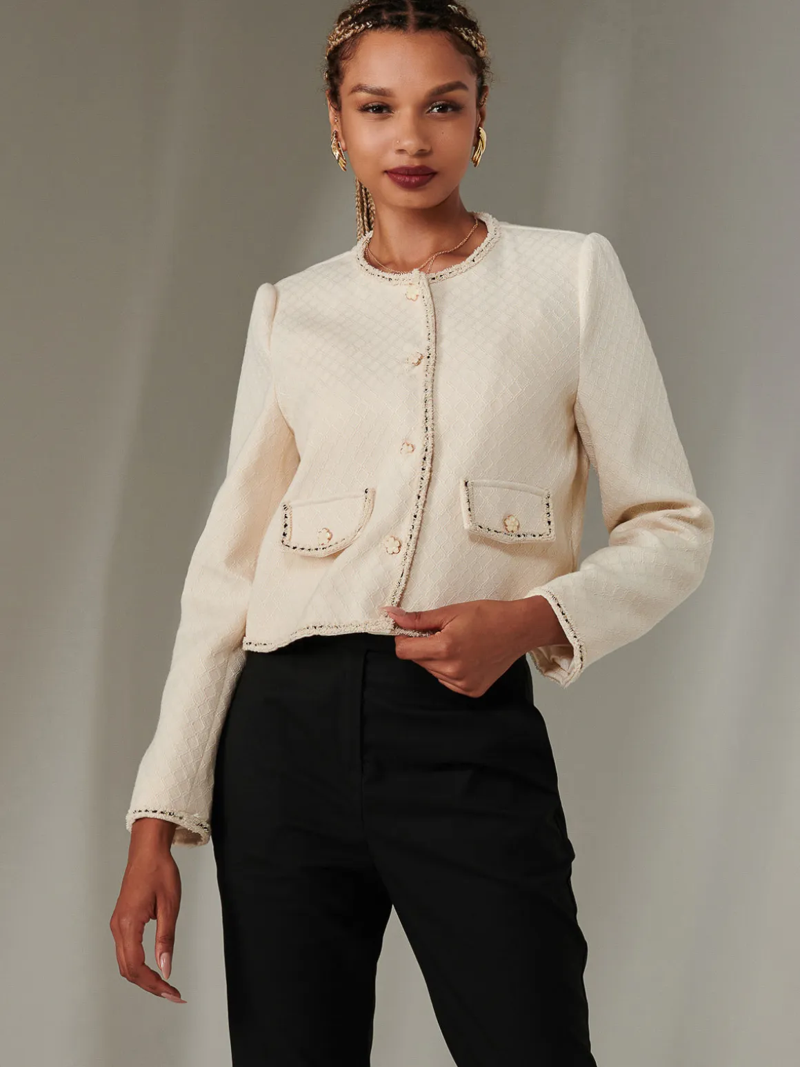 Contrast Trim Tweed Jacket, Oatmeal