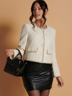 Contrast Trim Tweed Jacket, Oatmeal