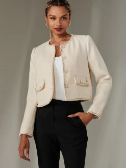 Contrast Trim Tweed Jacket, Oatmeal