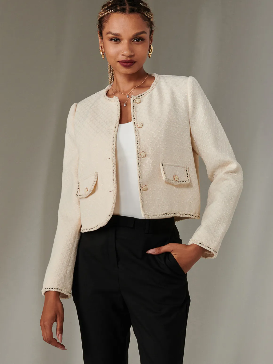 Contrast Trim Tweed Jacket, Oatmeal