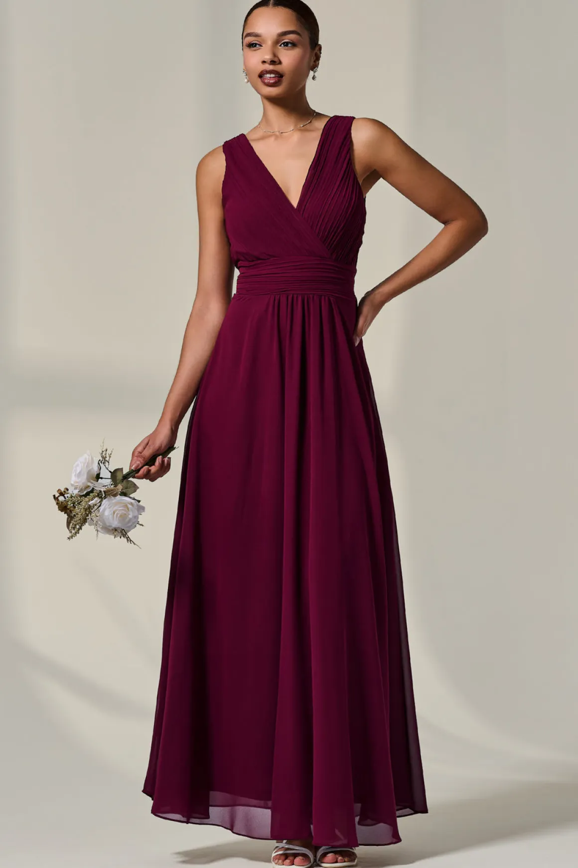 Cora Sleeveless Chiffon Maxi Dress, Burgundy